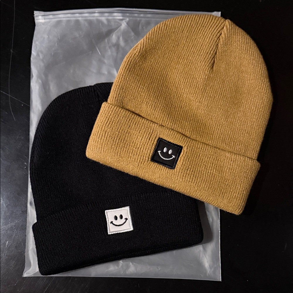 Black and Yellow Smiley Beanie Set For Babies